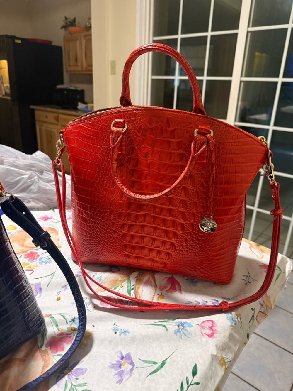 Brahmin Red Croc-Embossed Satchel with Detachable Strap